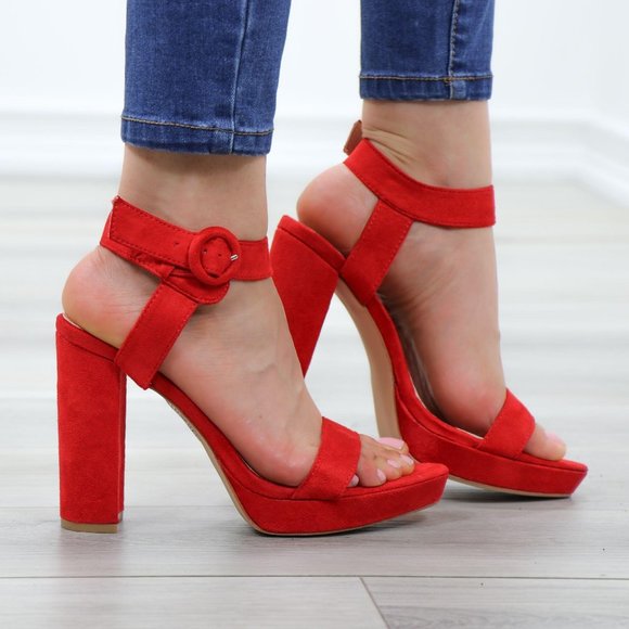 Faux Suede Red Platform Open Pointy Toe High Heels - Picture 3 of 14